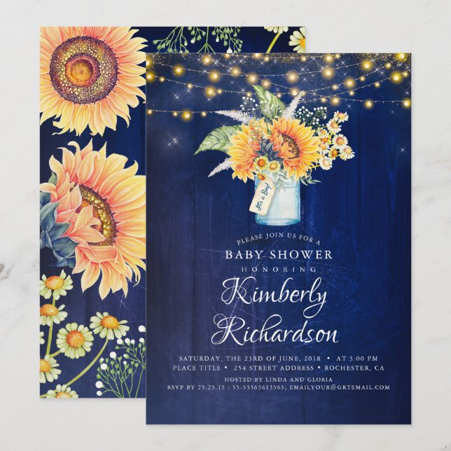 Navy Blue Sunflowers Rustic Fall Baby Shower Invitation (Front/Back)