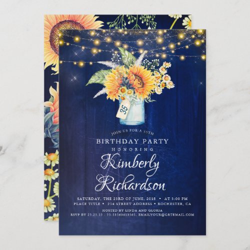 Navy Blue Sunflowers Rustic Fall Birthday Party Invitation