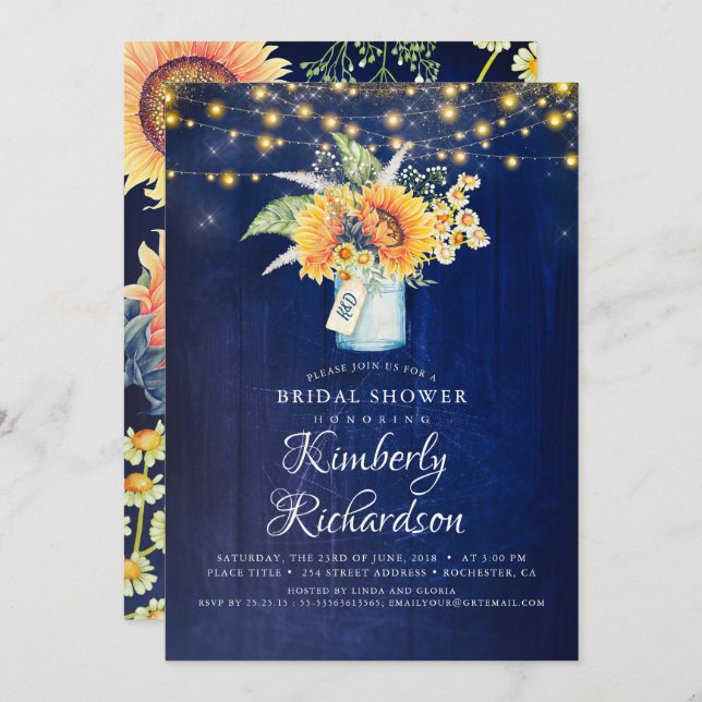 Navy Blue Sunflowers Rustic Fall Bridal Shower Invitation (Front/Back)