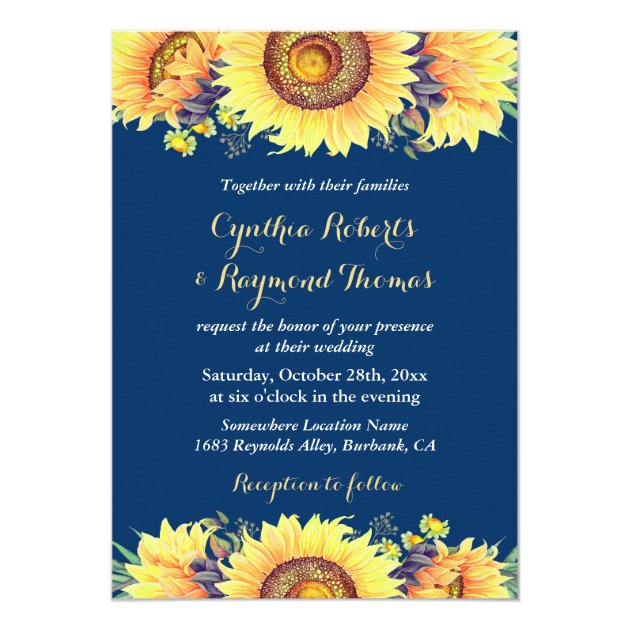 Navy Blue Sunflowers Rustic Romantic Wedding Card (front side)