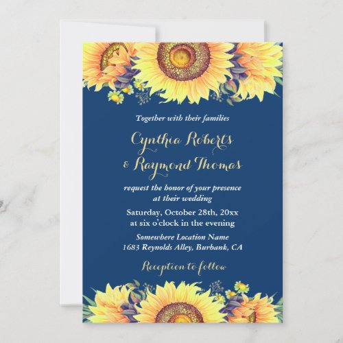 Navy Blue Sunflowers Rustic Romantic Wedding Card