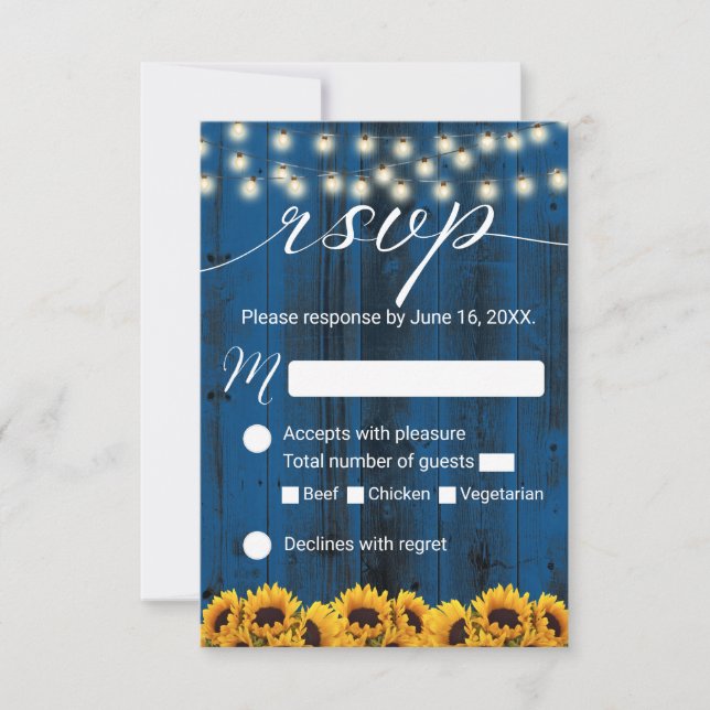 Navy Blue Sunflowers Rustic Wedding RSVP (Front)