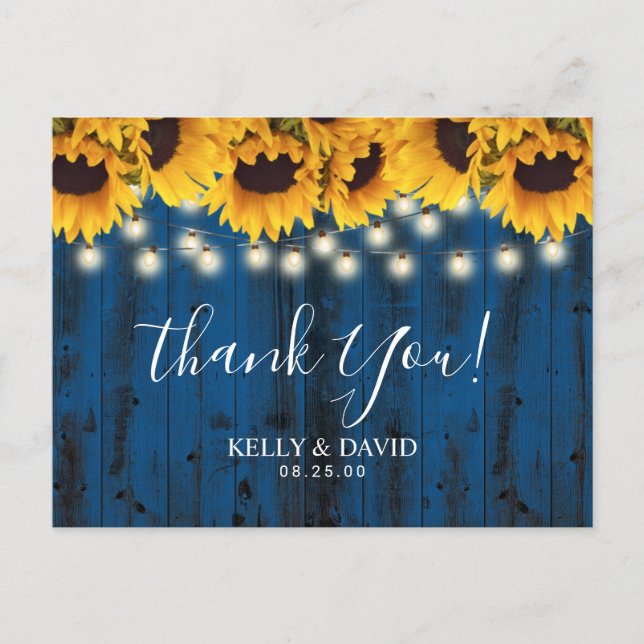Navy Blue Sunflowers Rustic Wedding Thank You Postcard (Front)