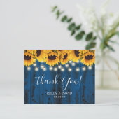Navy Blue Sunflowers Rustic Wedding Thank You Postcard (Standing Front)