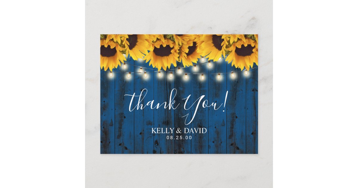 Navy Blue Sunflowers Rustic Wedding Thank You Postcard | Zazzle