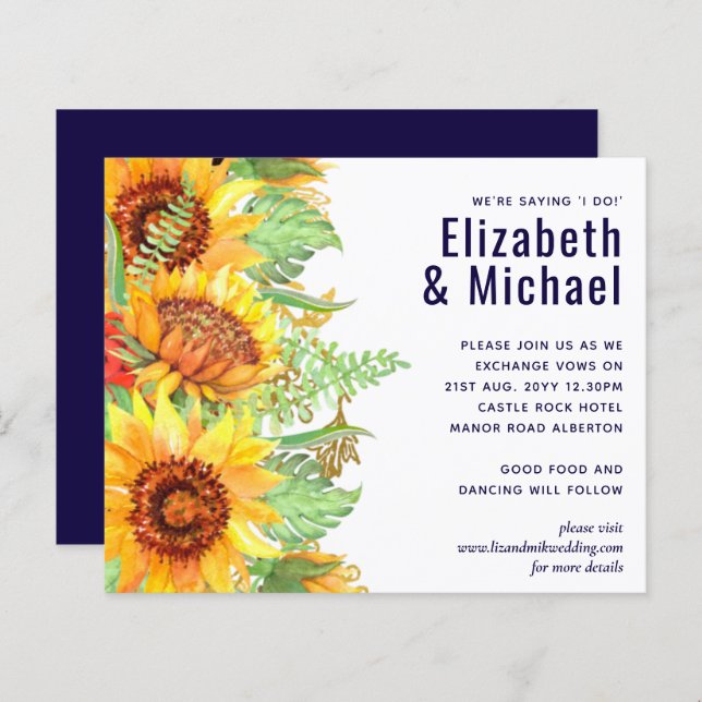 Navy Blue Sunflowers Wedding Modern Budget (Front/Back)