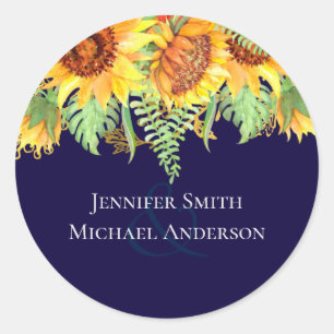 Navy Blue Sunflowers Wedding Modern Budget Classic Round Sticker