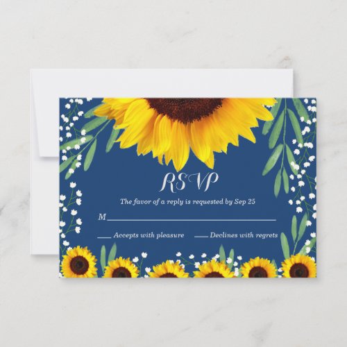 Navy Blue Sunflowers Wedding RSVP Cards