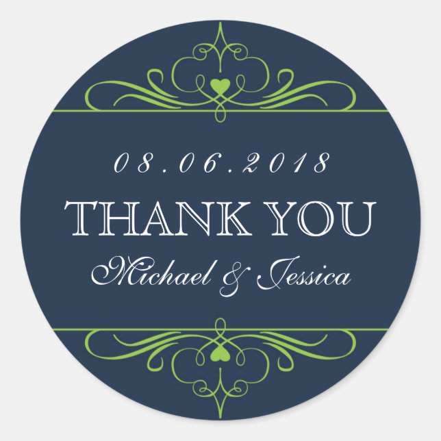 Navy Blue Swirl Floral Ornament Wedding Sticker (Front)