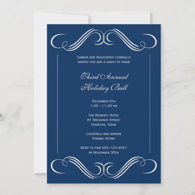 Navy blue symphony flourish corporate event party invitation (Front)