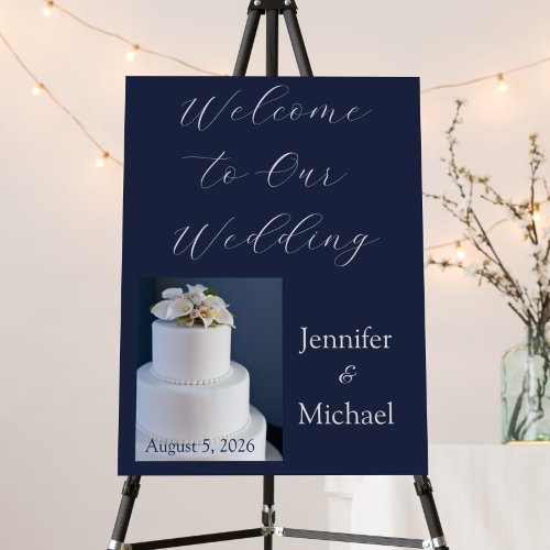 Navy Blue Table display sign w wedding cake