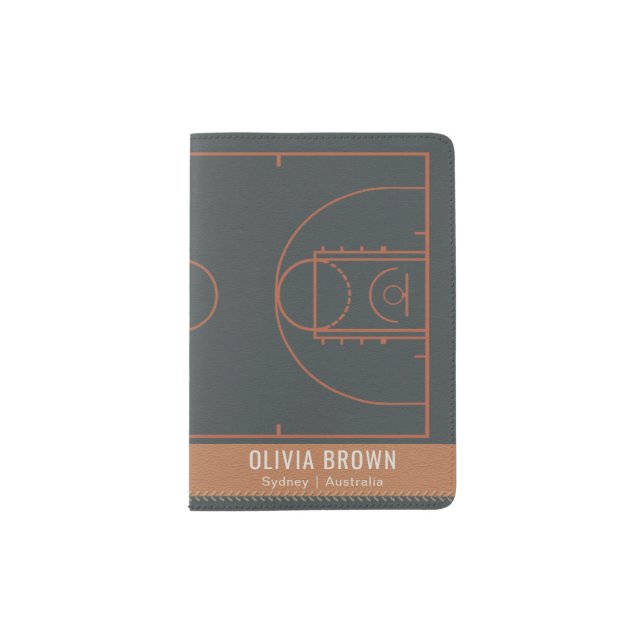 NAVY BLUE TAN BASKETBALL COURT LEATHER MONOGRAM PASSPORT HOLDER (Front)