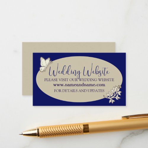 Navy Blue Tan Butterfly Leaf Wedding Website Enclosure Card