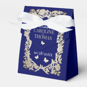Navy Blue Tan Floral Foliage Ornate Wedding Favor Boxes