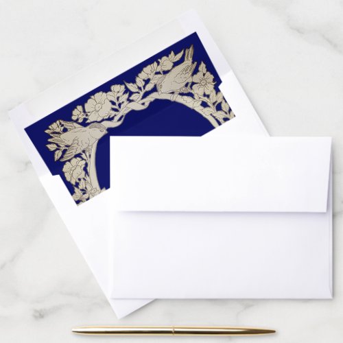 Navy Blue Tan Vintage Paper Floral Foliage Wedding Envelope Liner