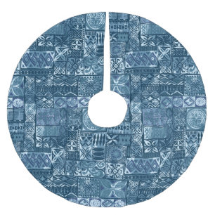 Navy Blue Tapa: Tribal Fabric Abstract Brushed Polyester Tree Skirt