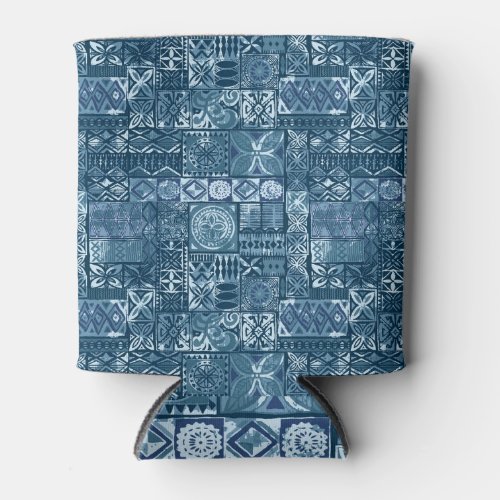 Navy Blue Tapa Tribal Fabric Abstract Can Cooler