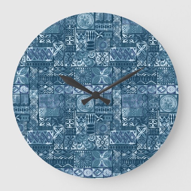 Navy Blue Tapa: Tribal Fabric Abstract Large Clock (Front)
