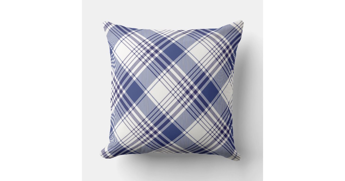 White & Blue Plaid-Border Monogram Decorative Pillow