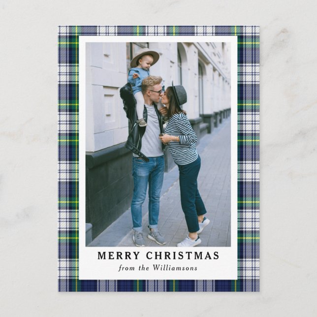 Navy Blue Tartan Plaid Photo Merry Christmas Card  (Front)
