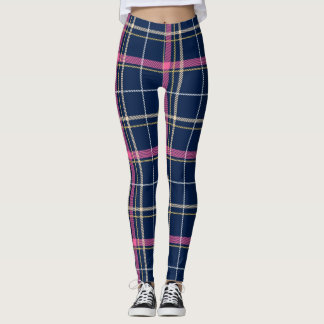 Navy Blue Tartan Plaid with Pink Stripe Leggings