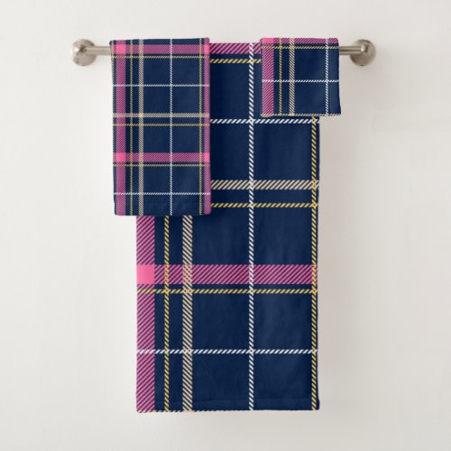 Navy Blue Tartan Plaid with Pink White Beige Bath Towel Set