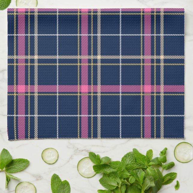 Navy Blue Tartan Plaid with Pink White Beige Kitchen Towel (Folded)