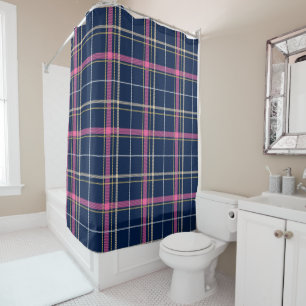 Navy Blue Tartan Plaid with Pink White Beige Shower Curtain