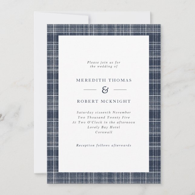 Navy Blue Tartan Scottish Winter Wedding Invitation (Front)