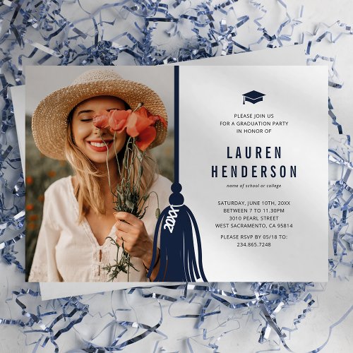 Navy Blue Tassel Photo Graduation Party Invitation