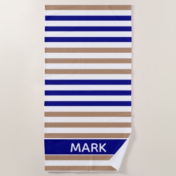 Navy Blue Taupe And White Striped Personalized Beach Towel by InTrendPatterns at Zazzle