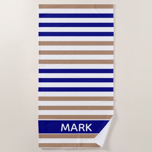 Navy Blue Taupe And White Striped Personalized Beach Towel