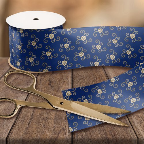 Navy Blue Taupe Floral Print Pretty Elegant Floral Satin Ribbon