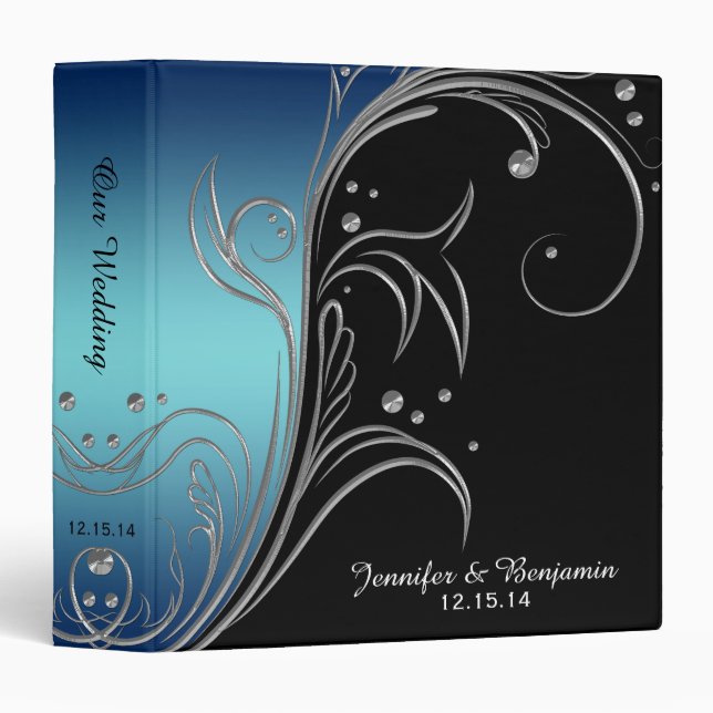 Navy Blue Teal Black Silver Floral Scrolls Album 3 Ring Binder (Front/Spine)