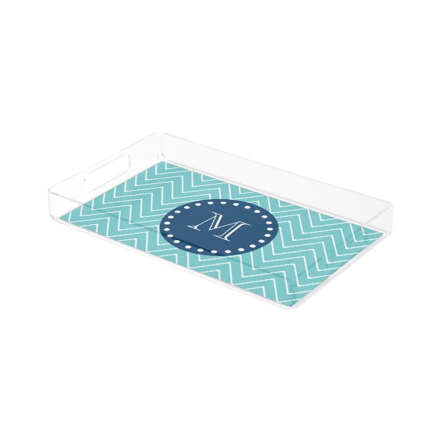 Navy Blue, Teal Chevron Pattern | Your Monogram Acrylic Tray (Angled)