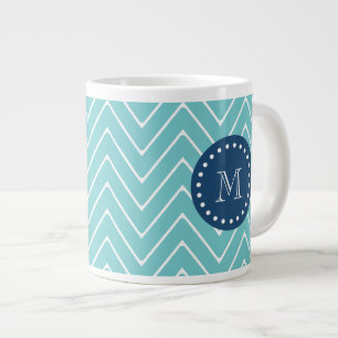 Navy Blue, Teal Chevron Pattern   Your Monogram Giant Coffee Mug