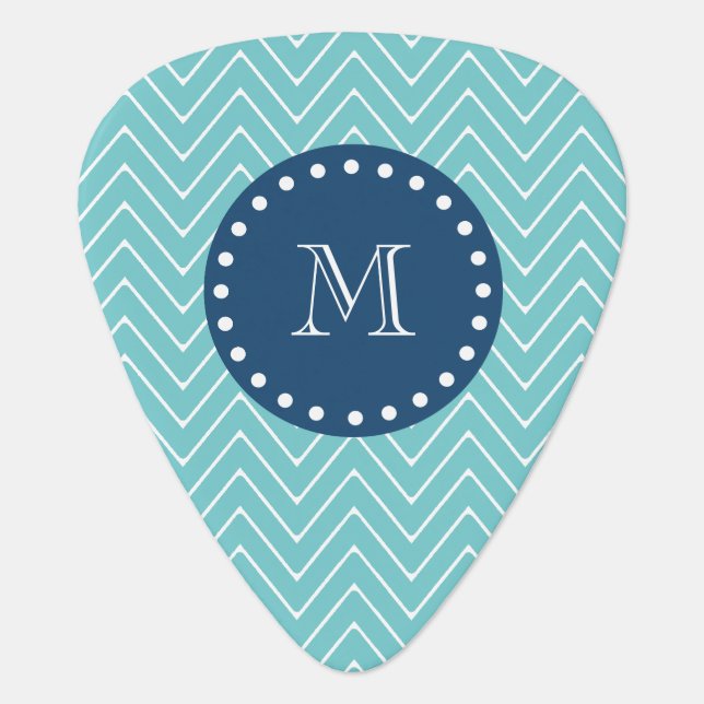 Navy Blue, Teal Chevron Pattern | Your Monogram Guitar Pick (Front)