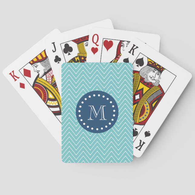 Navy Blue, Teal Chevron Pattern | Your Monogram Poker Cards (Back)