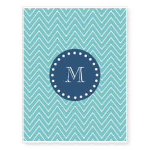 Navy Blue, Teal Chevron Pattern Your Monogram Temporary Tattoos