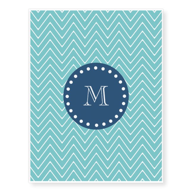 Navy Blue, Teal Chevron Pattern | Your Monogram Temporary Tattoos (Front)