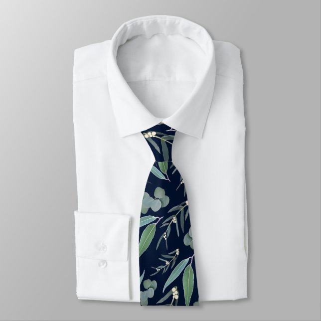Navy Blue Teal Eucalyptus Greenery Pattern Neck Tie (Tied)