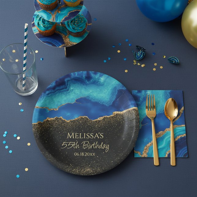 Navy Blue Teal Gold Glitter Abstract Watercolor  Paper Plates (Creator Uploaded)