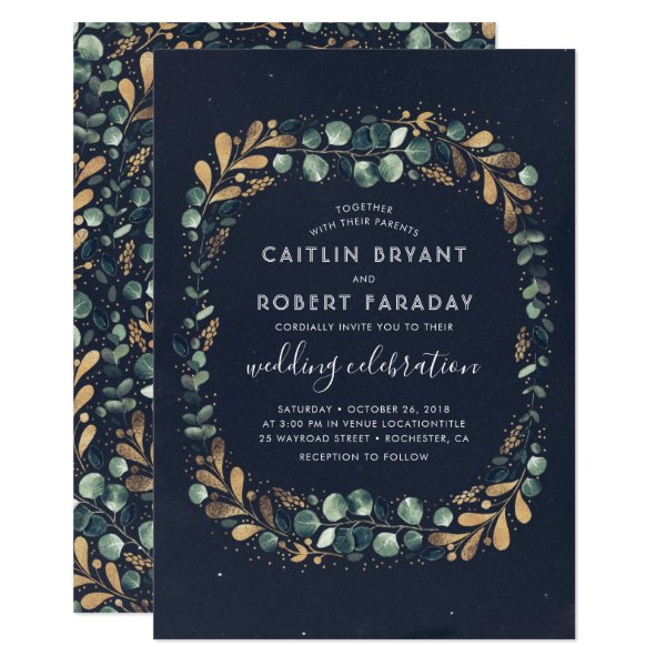 256072078008726451 Navy Blue Teal Green and Gold | Greenery Wedding Invitation