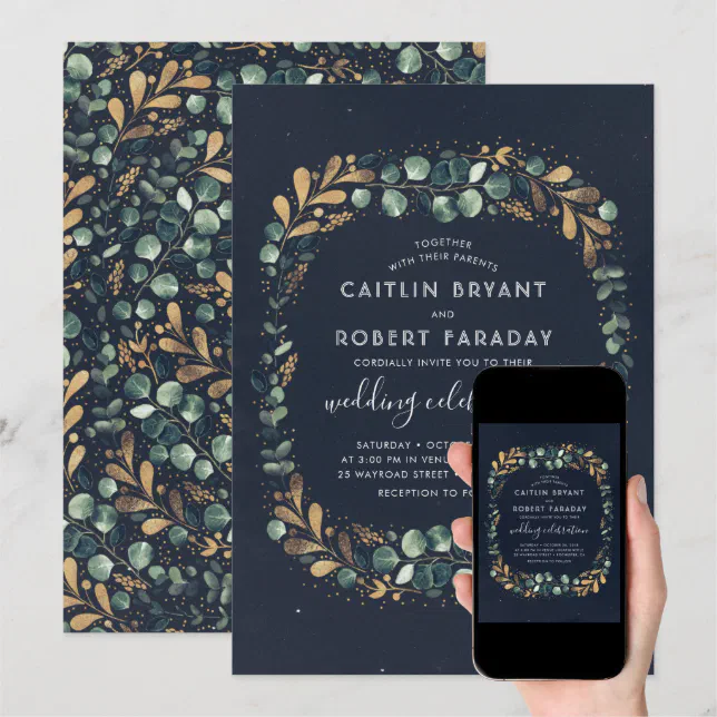 Navy Blue Teal Green and Gold | Greenery Wedding Invitation | Zazzle