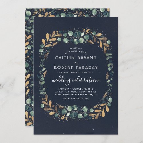 Navy Blue Teal Green and Gold  Greenery Wedding Invitation