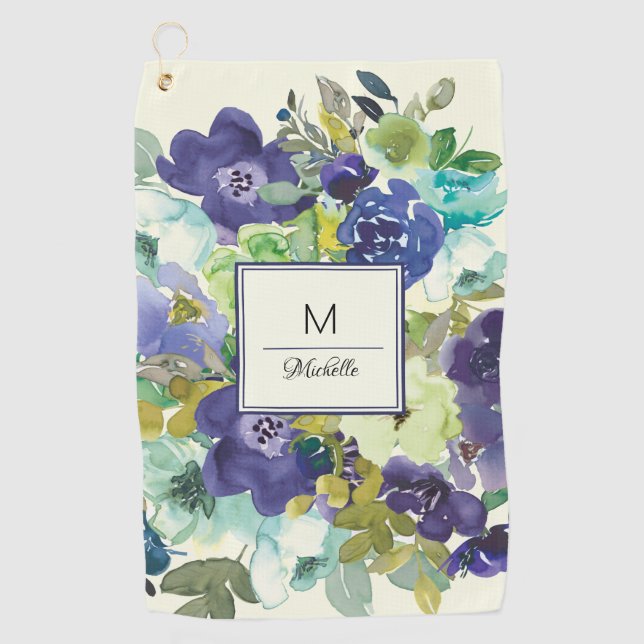 Navy Blue Teal Lemon Yellow Floral Monogram Golf Towel (Front)