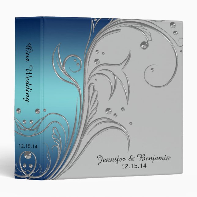 Navy Blue Teal Ombre Gray Silver Scrolls Album Binder (Front/Spine)