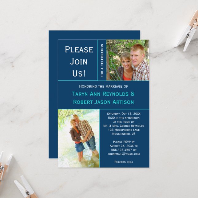 Navy Blue Teal Photo Block Post Wedding Invitation (Front/Back In Situ)