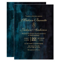 Navy Blue Teal Watercolor Gold Wedding Invitation