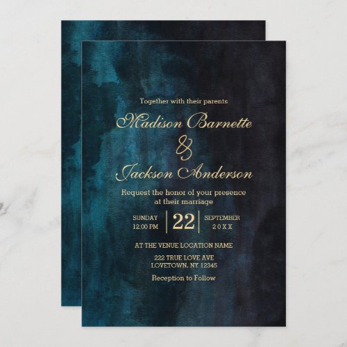 Navy Blue Teal Watercolor Gold Wedding Invitation